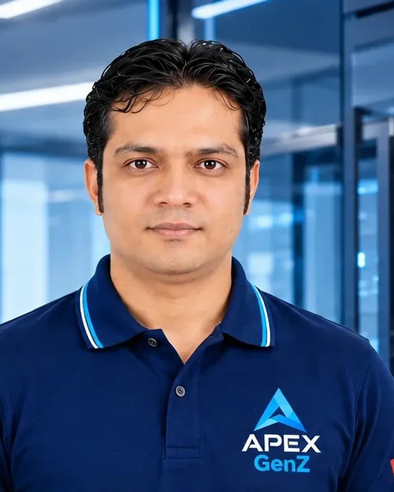Apex GenZ Marketing Manager in the company navy polo shirt at the Apex GenZ office in Dubai