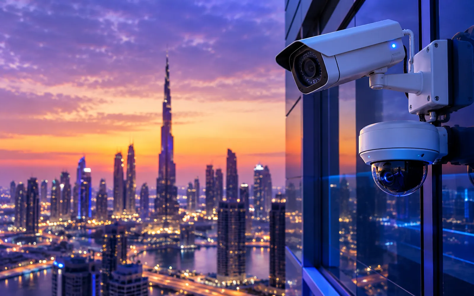 CCTV bullet and dome cameras mounted on the outside of a modern building