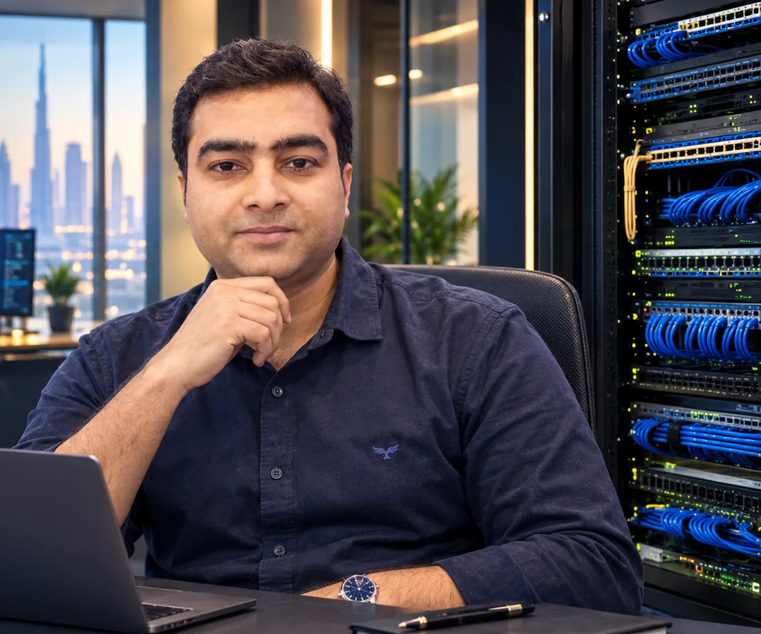 Founder and CEO of Apex GenZ Information Technology LLC at his desk in Dubai, with a server rack and CCTV monitors behind him