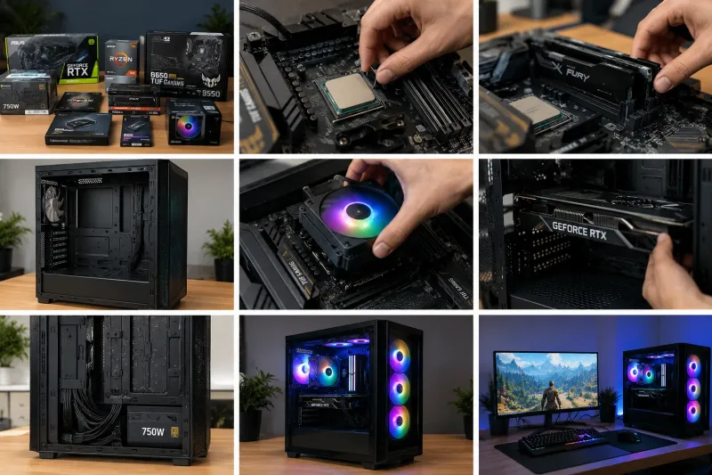 Nine stages of a gaming PC build: parts, CPU, RAM, case, cooler, graphics card, cable routing, finished PC and gaming setup