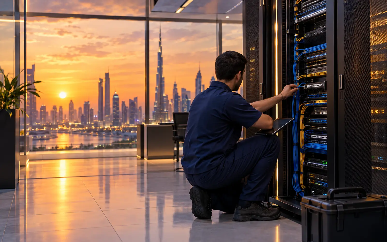 IT technician installing network cables in an office server rack